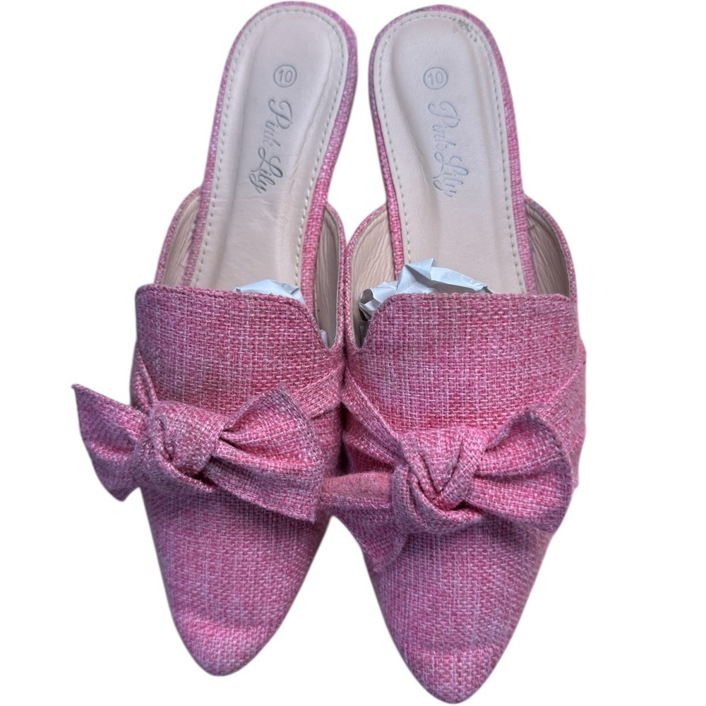 Pink Lily Pink Bow Pointed Toe Mules Tweed Size 10 - Picture 6 of 13